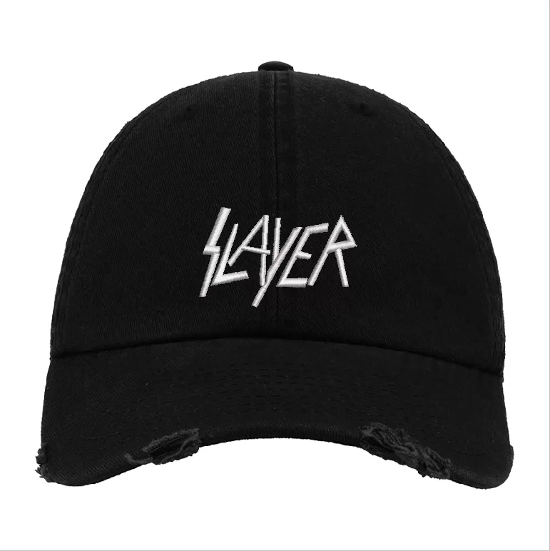 Black Distressed Baseball Cap with White Embroidered Patch Design – Slayer Style Hat