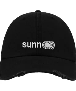 Black Distressed Baseball Cap with White Embroidered Patch Design – Sunn O))) Style Hat