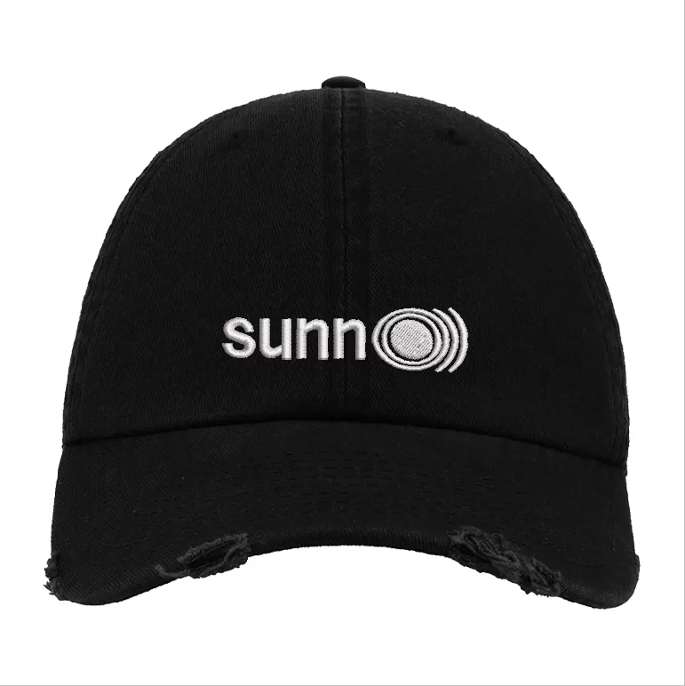 Black Distressed Baseball Cap with White Embroidered Patch Design – Sunn O))) Style Hat