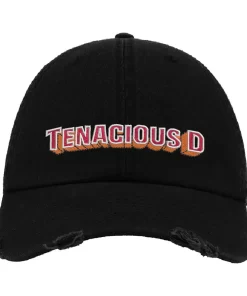 Black Distressed Baseball Cap with Red & Orange Embroidered Patch Design – Tenacious D Style Hat