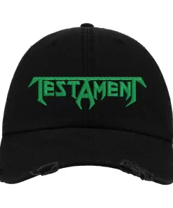 Black Distressed Baseball Cap with Green Embroidered Logo – Testament Style Thrash Metal Hat