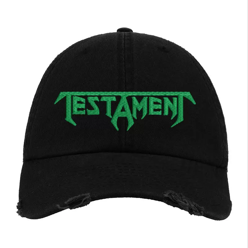 Black Distressed Baseball Cap with Green Embroidered Logo – Testament Style Thrash Metal Hat