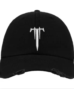 Black Distressed Baseball Cap with White Embroidered Patch Design – Trivium Style Hat