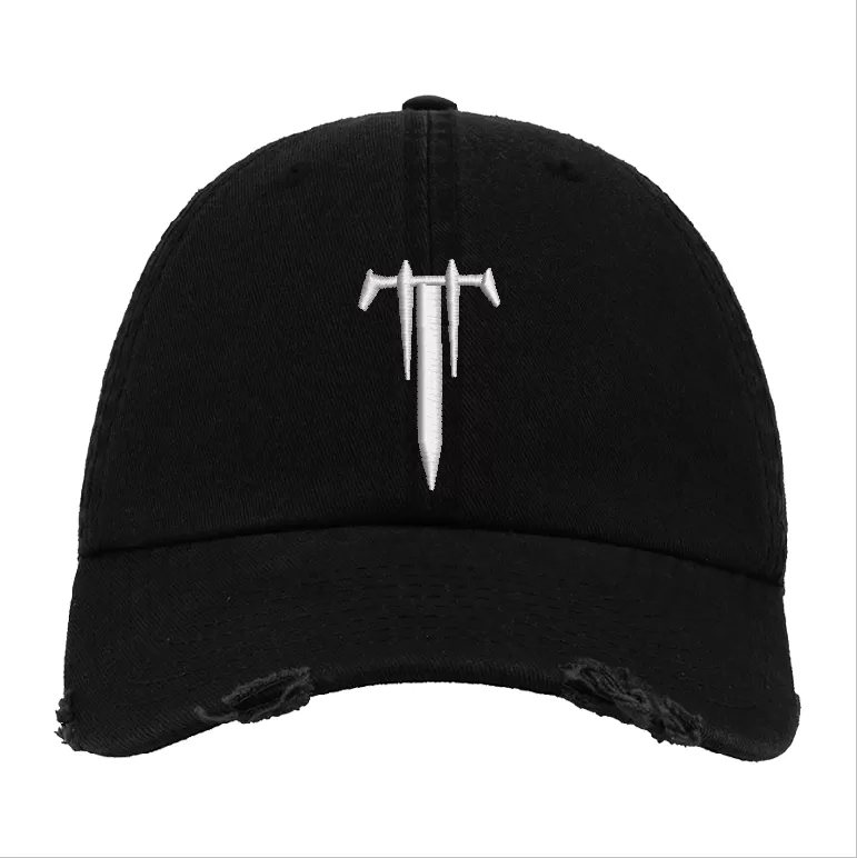 Black Distressed Baseball Cap with White Embroidered Patch Design – Trivium Style Hat