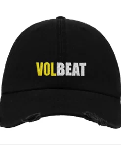 Black Distressed Baseball Cap with Yellow & White Embroidered Patch Design – Volbeat Style Hat