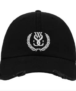 Black Distressed Baseball Cap with White Embroidered Crest Logo – While She Sleeps Style Hat