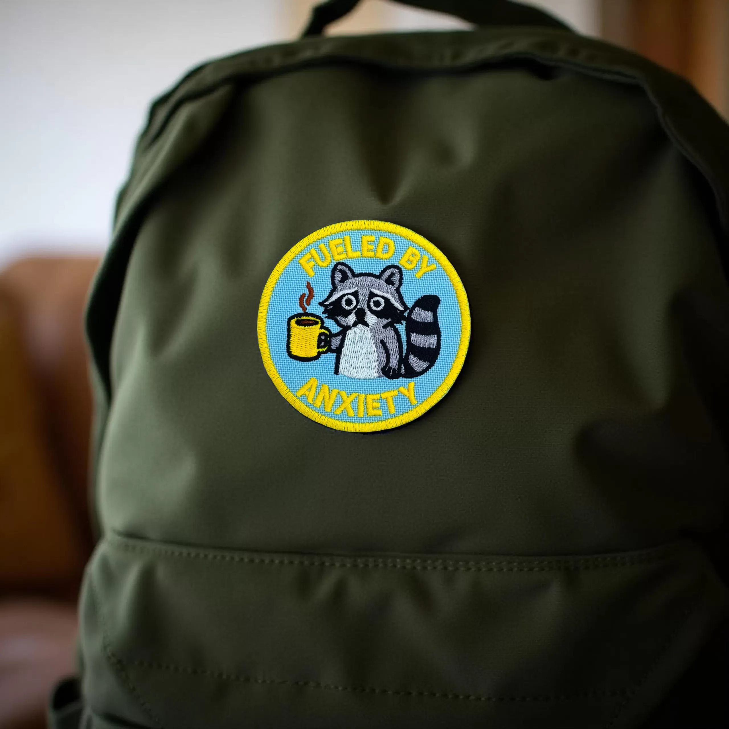 Fueled by Anxiety Raccoon Patch – 3" Embroidered Hook & Loop Tactical Morale Patch - Image 4
