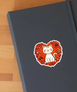 2pcs Flower Cat Heart Sticker – Cute Valentine Cat Vinyl Decal, 3 Inch - Image 3