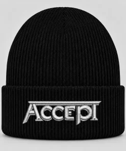 Black Accept Beanie with White Embroidered Logo – Heavy Metal Winter Knit Hat