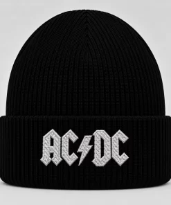 Black AC/DC Beanie with White Embroidered Logo – Classic Rock Winter Knit Hat