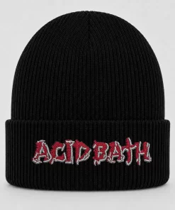 Black Acid Bath Beanie with Red and White Embroidered Logo – Sludge Metal Winter Knit Hat