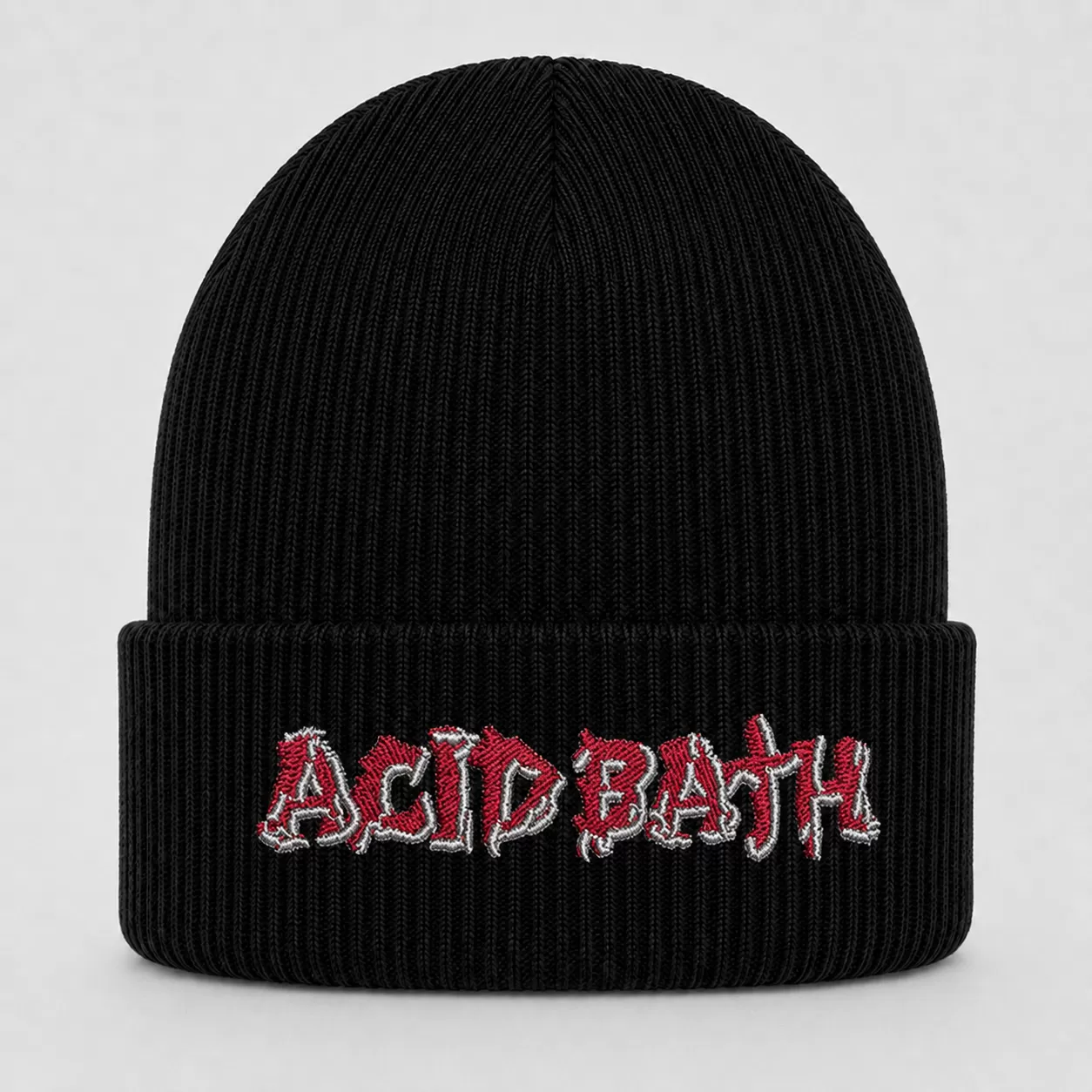 Black Acid Bath Beanie with Red and White Embroidered Logo – Sludge Metal Winter Knit Hat