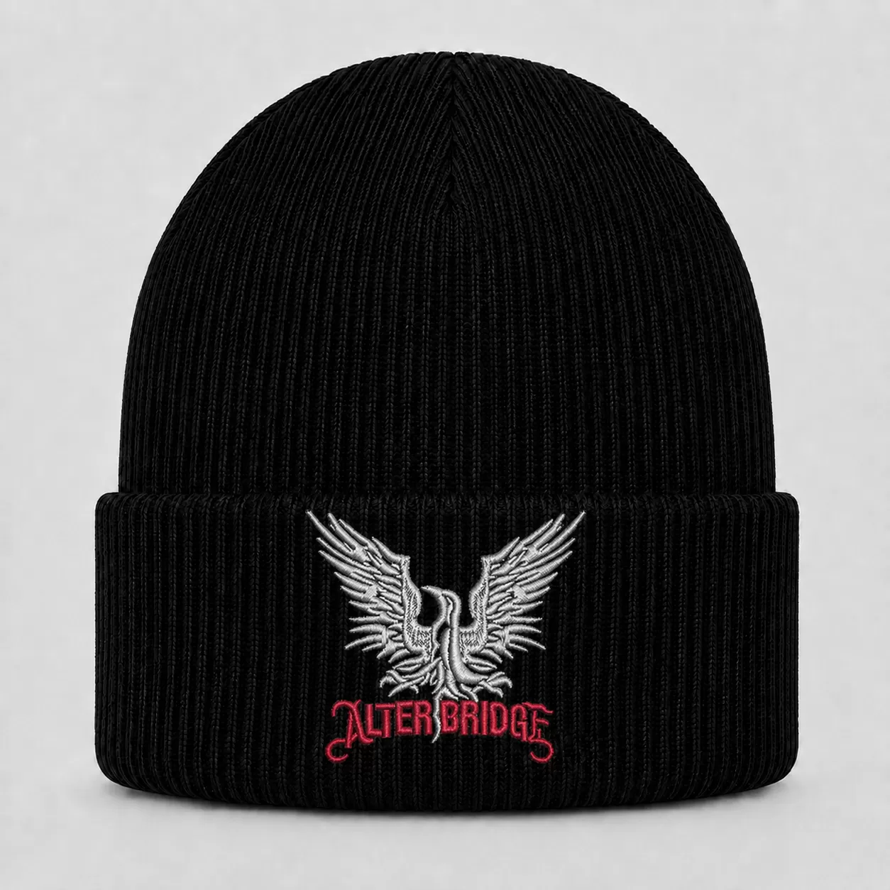 Black Alter Bridge Beanie with Silver Eagle and Red Embroidered Logo – Hard Rock Winter Knit Hat