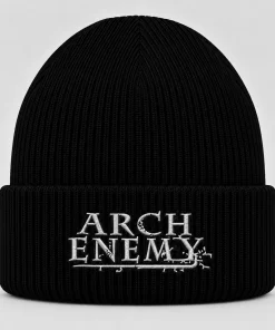 Black Arch Enemy Beanie with White Embroidered Logo – Melodic Death Metal Winter Knit Hat