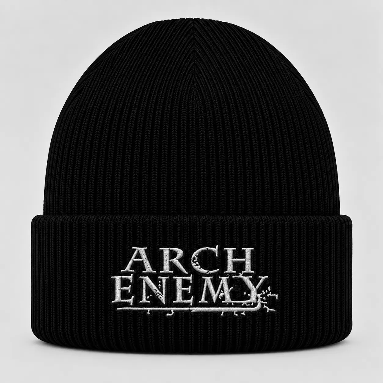 Black Arch Enemy Beanie with White Embroidered Logo – Melodic Death Metal Winter Knit Hat