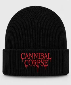 Black Cannibal Corpse Beanie with Red Embroidered Logo – Death Metal Winter Knit Hat