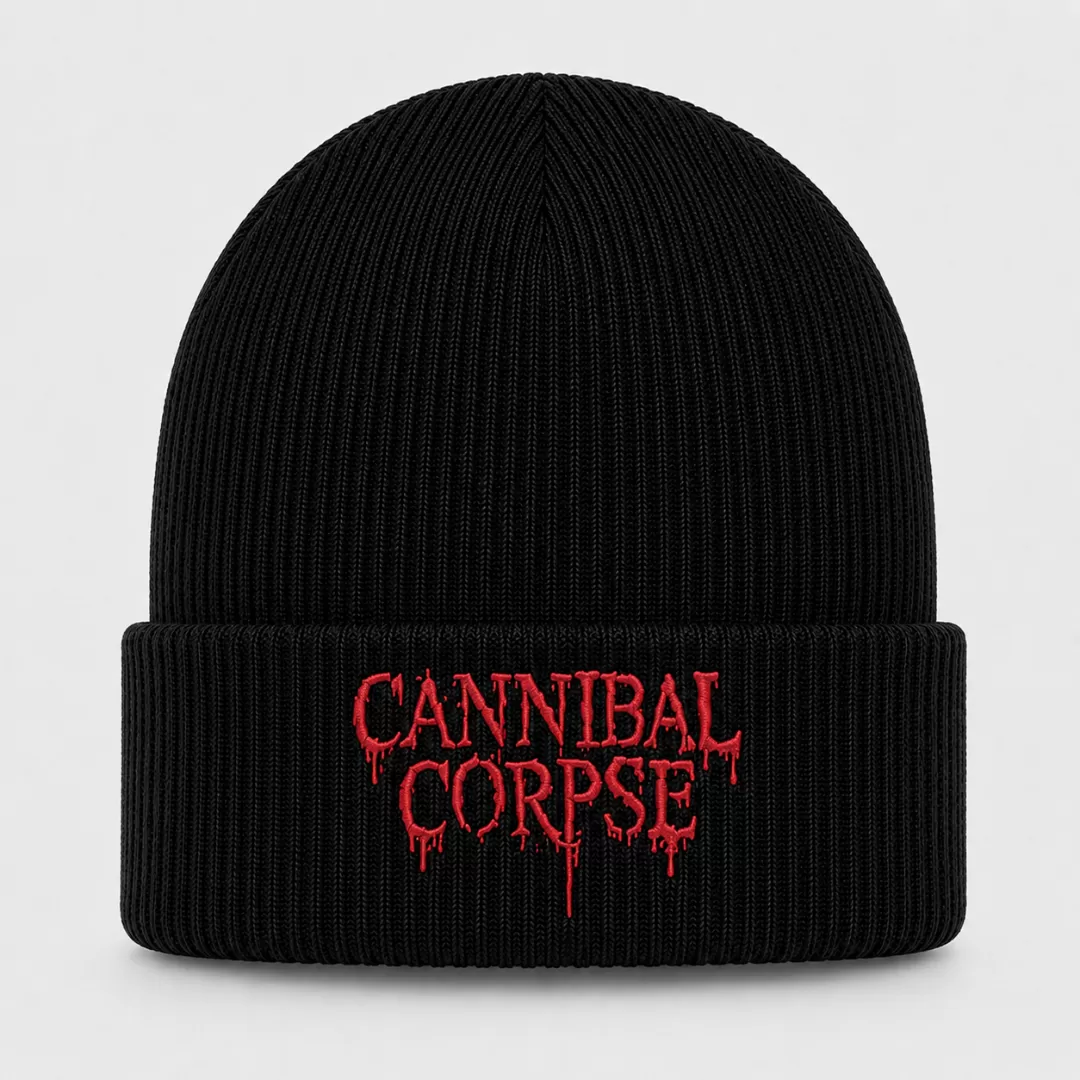 Black Cannibal Corpse Beanie with Red Embroidered Logo – Death Metal Winter Knit Hat