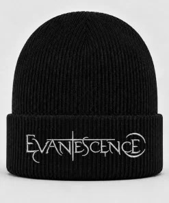 Black Evanescence Beanie with White Embroidered Logo – Gothic Rock Winter Knit Hat
