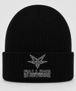 Black Falling In Reverse Beanie with White Embroidered Logo – Metalcore Winter Knit Hat