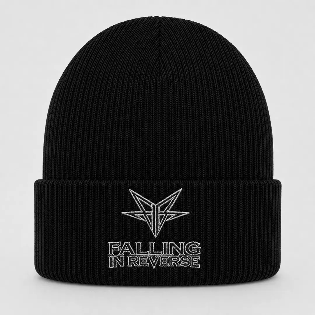 Black Falling In Reverse Beanie with White Embroidered Logo – Metalcore Winter Knit Hat