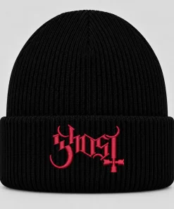 Black Ghost Beanie with Red Embroidered Logo – Heavy Metal Winter Knit Hat