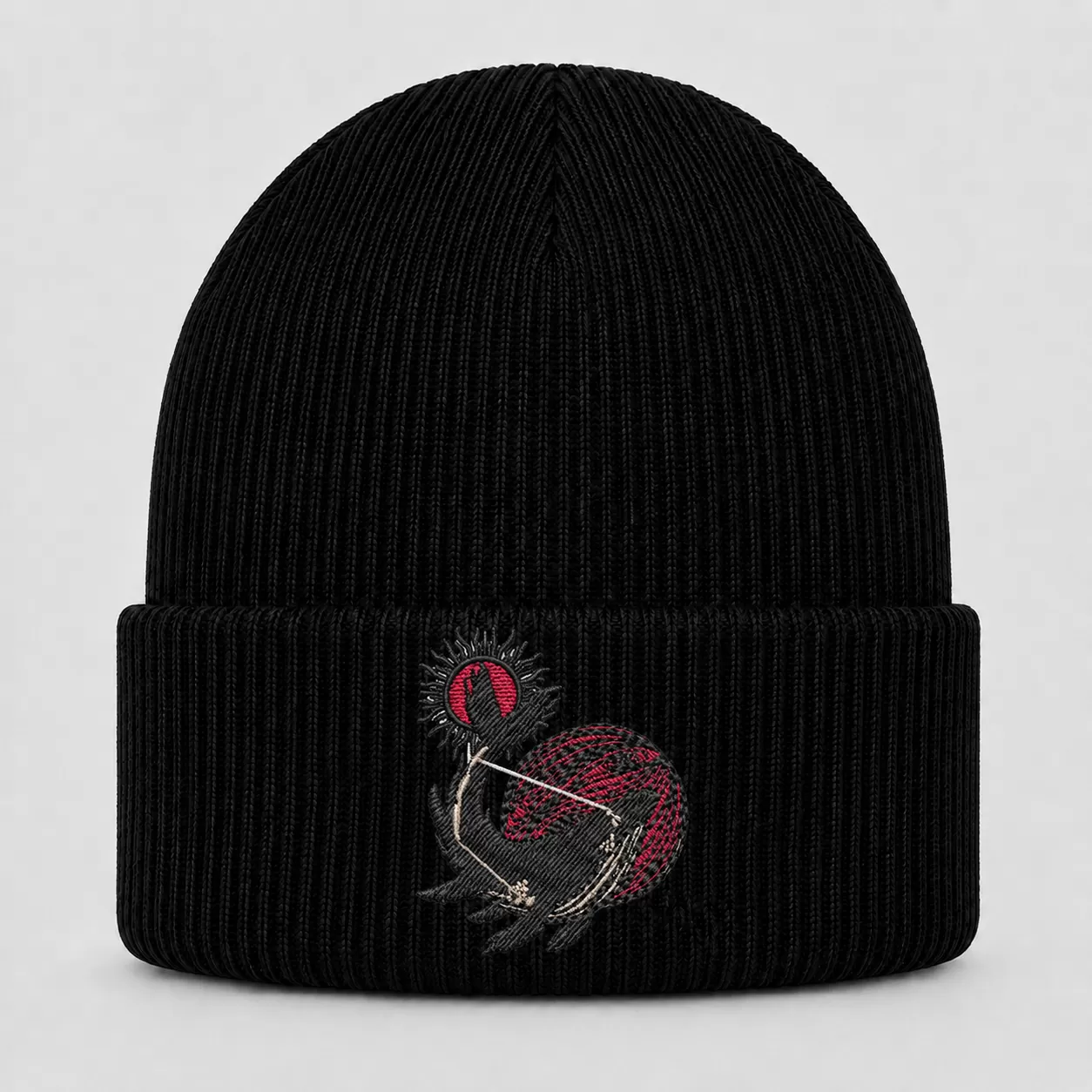 Black Gojira Beanie with Red and Black Embroidered Graphic – Progressive Metal Winter Knit Hat