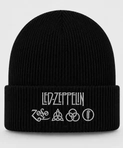Black Led Zeppelin Beanie with White Embroidered Logo and Symbols – Classic Rock Winter Knit Hat