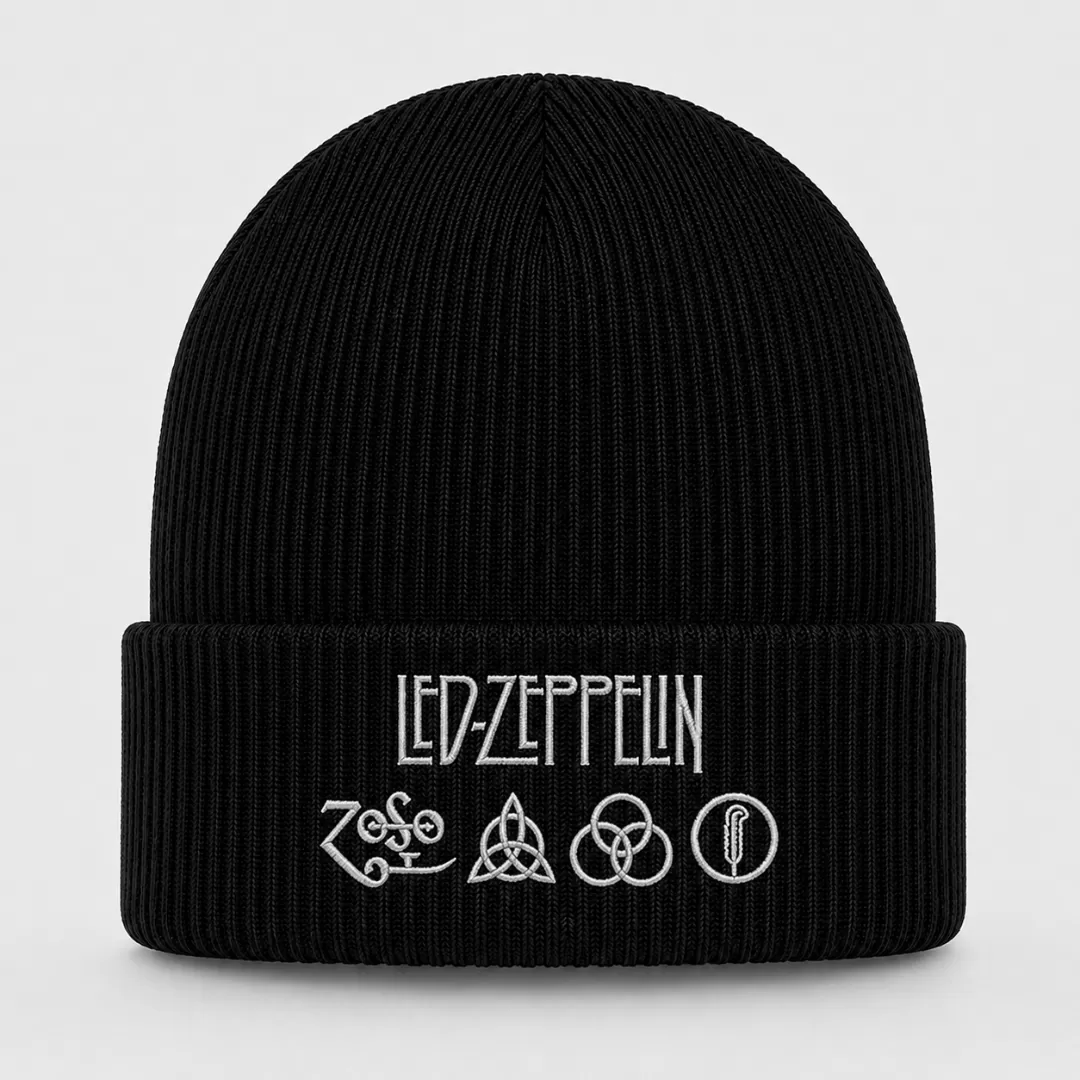 Black Led Zeppelin Beanie with White Embroidered Logo and Symbols – Classic Rock Winter Knit Hat