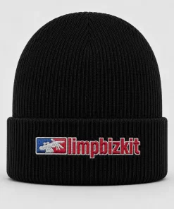 Black Limp Bizkit Beanie with Embroidered Logo – Nu Metal Winter Knit Hat