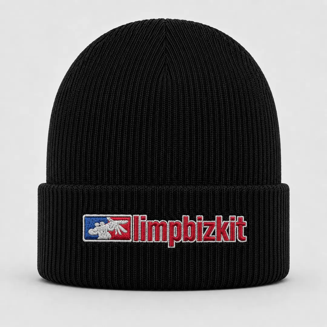 Black Limp Bizkit Beanie with Embroidered Logo – Nu Metal Winter Knit Hat