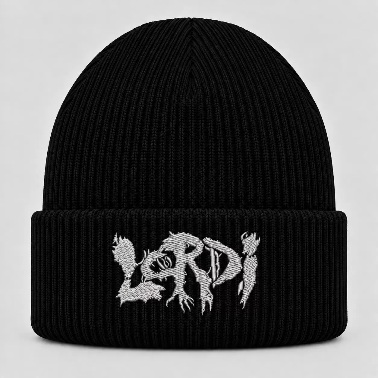Black Lordi Beanie with White Embroidered Monster Logo – Hard Rock Winter Knit Hat