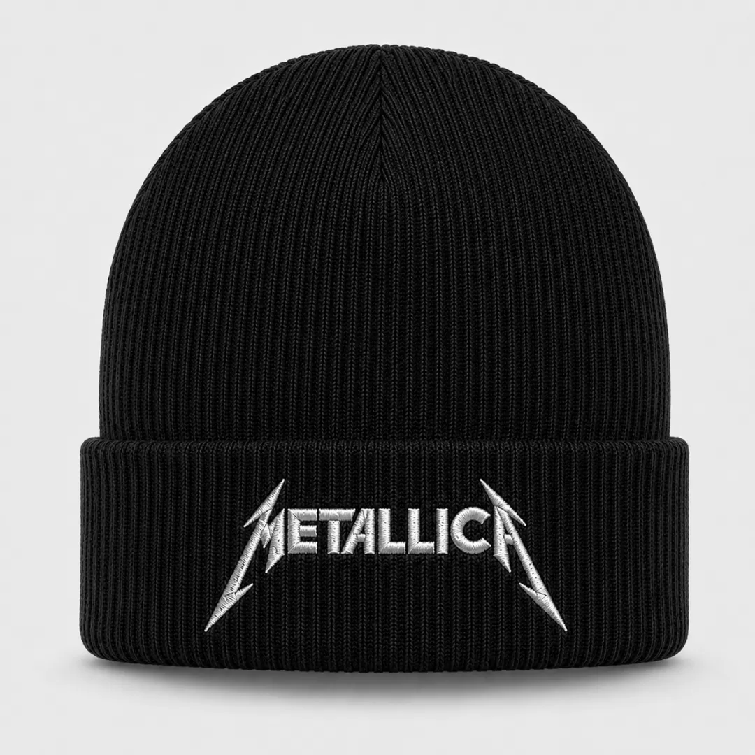 Black Metallica Beanie with White Embroidered Logo – Heavy Metal Winter Knit Hat