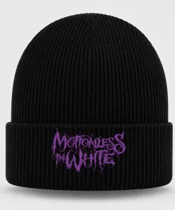 Black Motionless In White Beanie with Purple Embroidered Logo – Metalcore Winter Knit Hat