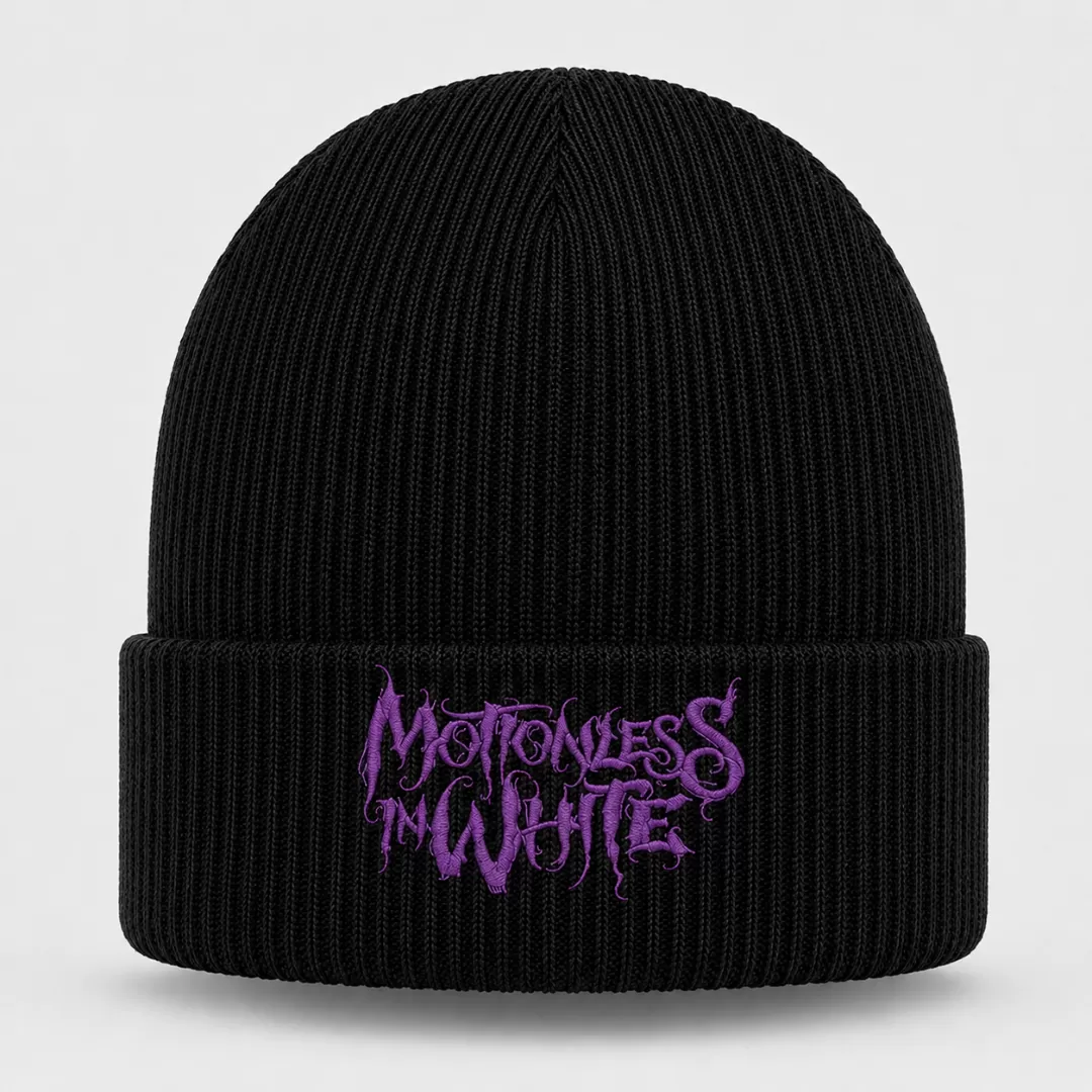 Black Motionless In White Beanie with Purple Embroidered Logo – Metalcore Winter Knit Hat