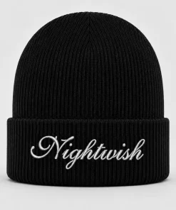Black Nightwish Beanie with White Embroidered Logo – Symphonic Metal Winter Knit Hat
