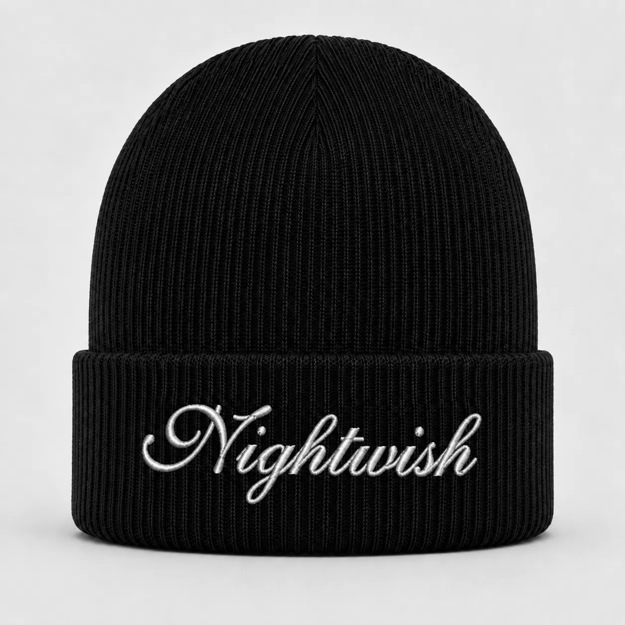 Black Nightwish Beanie with White Embroidered Logo – Symphonic Metal Winter Knit Hat