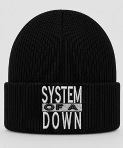 Black System Of A Down Beanie with White Embroidered Logo – Alternative Metal Winter Knit Hat