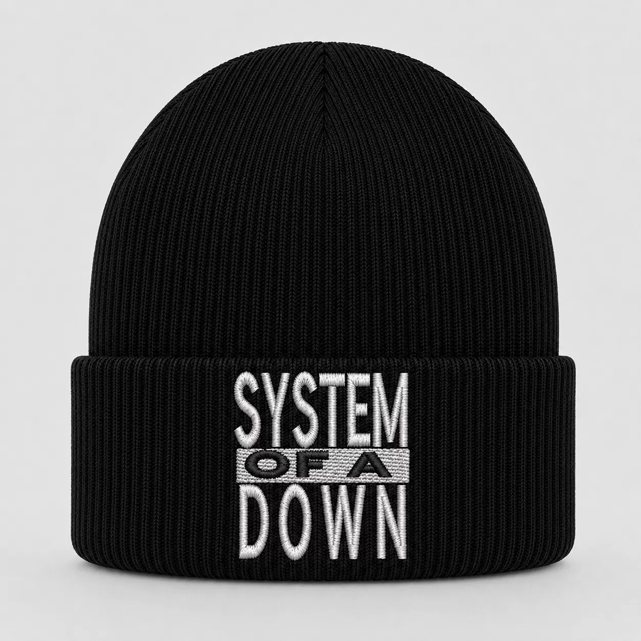 Black System Of A Down Beanie with White Embroidered Logo – Alternative Metal Winter Knit Hat