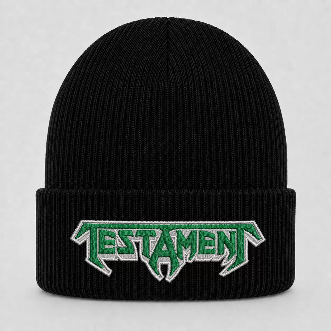 Black Testament Beanie with Green and White Embroidered Logo – Thrash Metal Winter Knit Hat