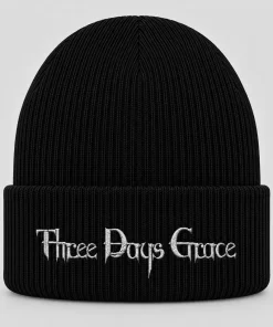 Black Three Days Grace Beanie with White Embroidered Logo – Alternative Rock Winter Knit Hat